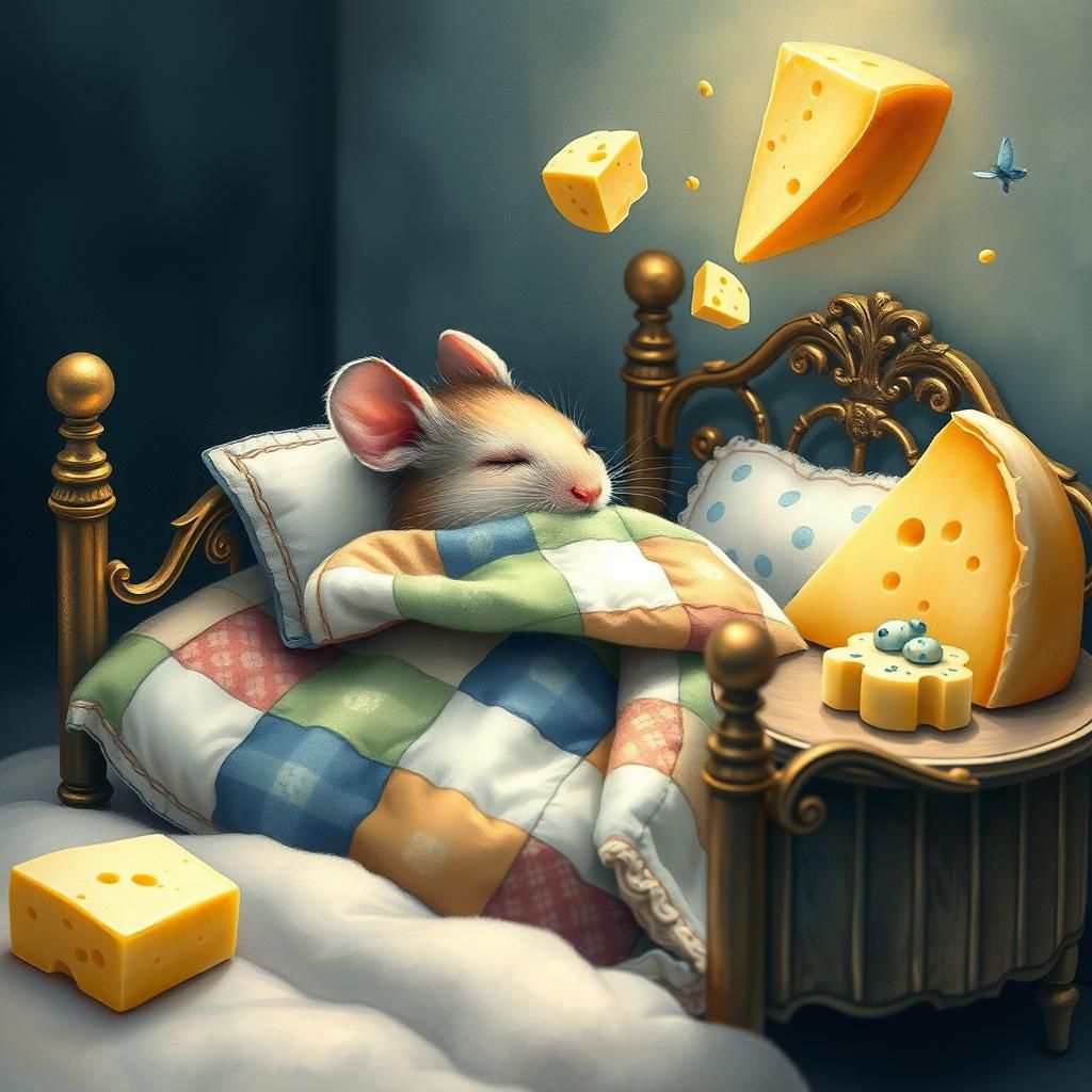 a mouse in his bed dreaming of cheese