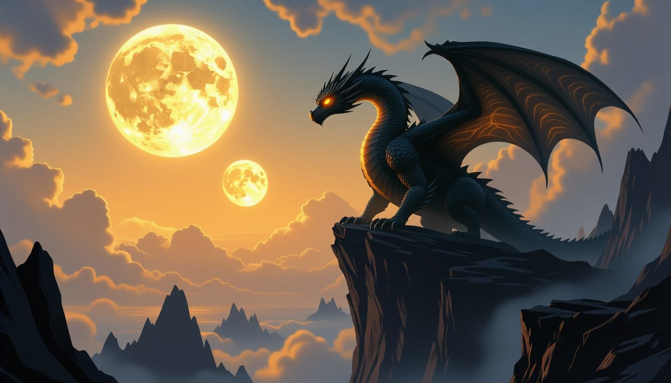 Ancient Obsidian Dragon on Alien Cliffs Under Luminous Moons