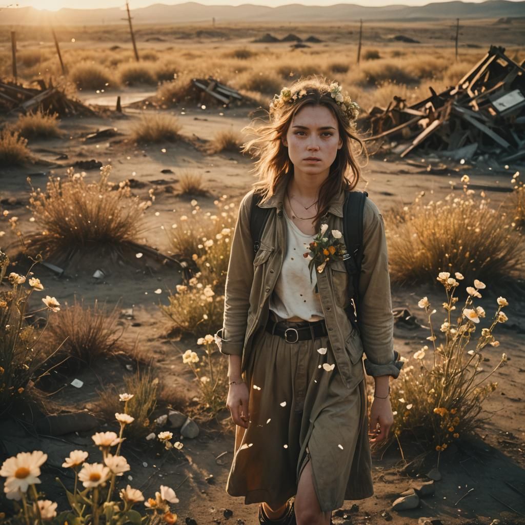 Woman Walks Through Wasteland in Polaroid Style