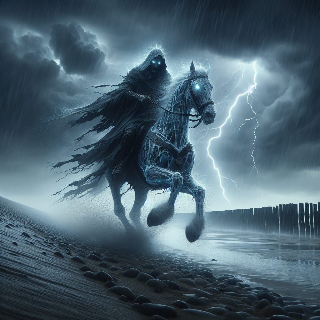 Spectral Rider Charges Through Stormy North Sea Night