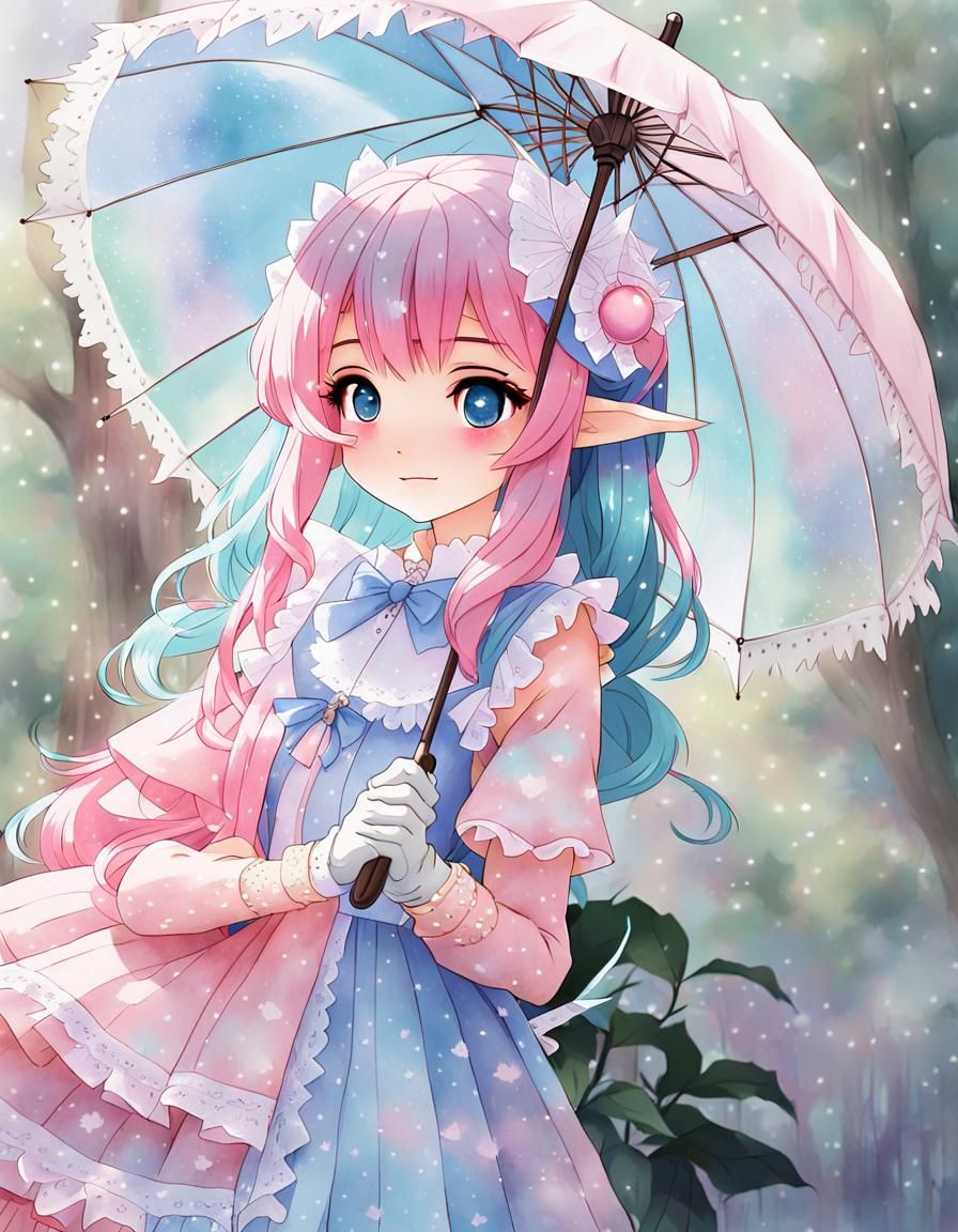 Cute Elf Girl with Umbrella in Pastel Anime Style
