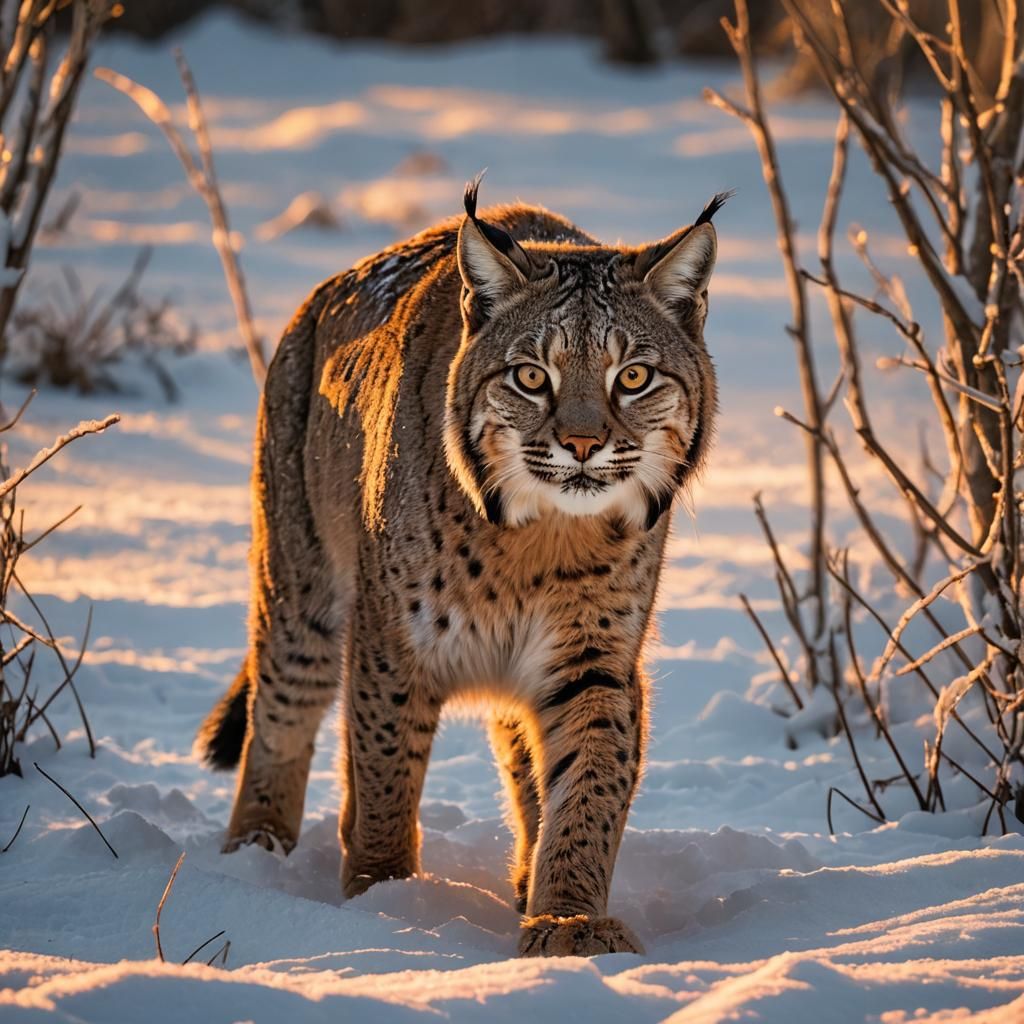 Bobcat in Snow at Sunset: Winter Wildlife