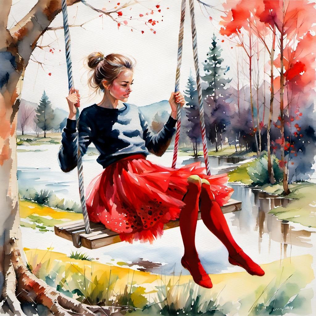 Girl on Tree Swing in Watercolor Style