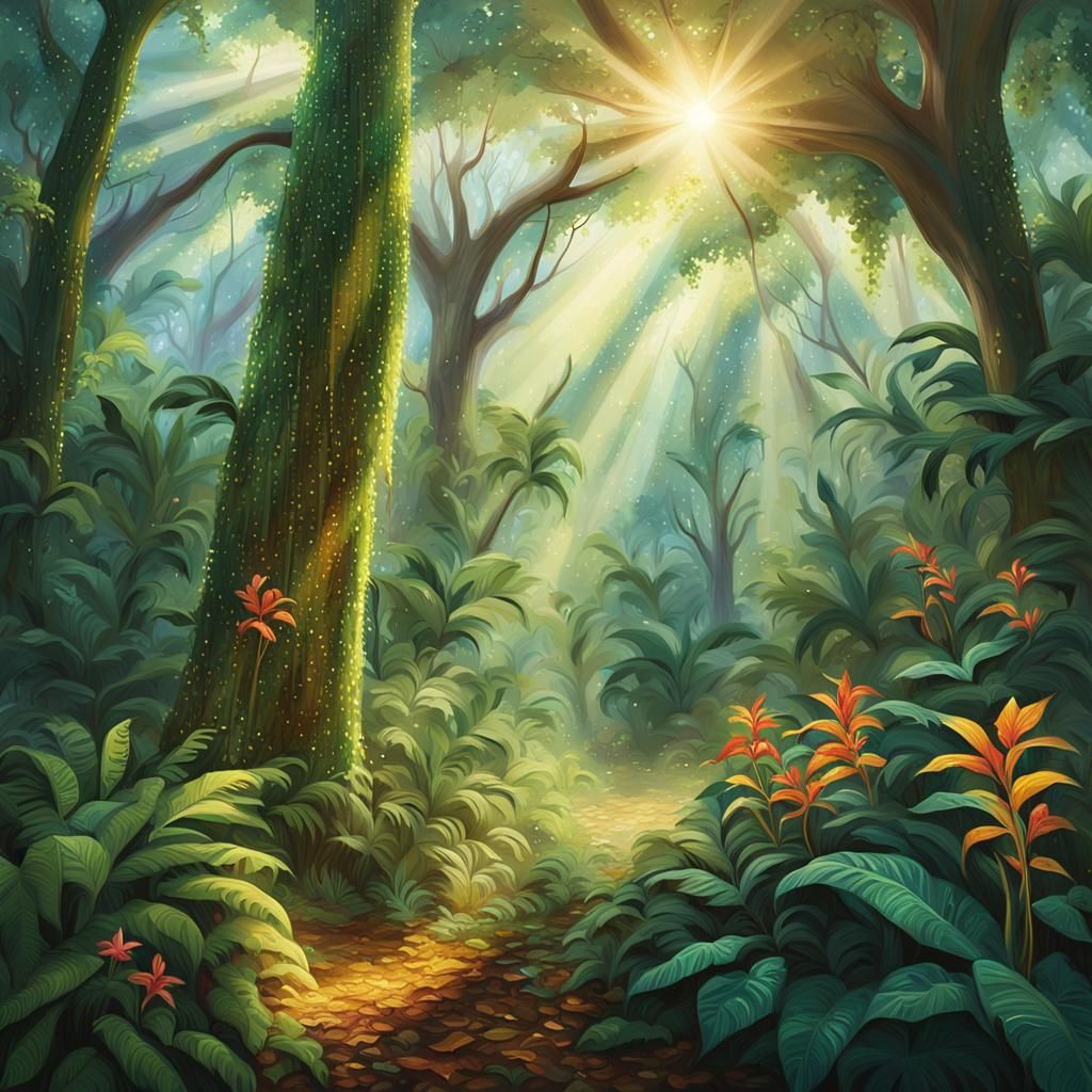 Lush Rainforest in Impressionistic Style