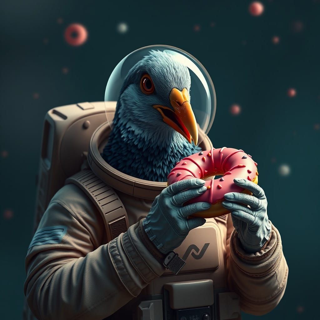 Fantastical Astronaut Pigeon Savoring a Donut in Vibrant Col...