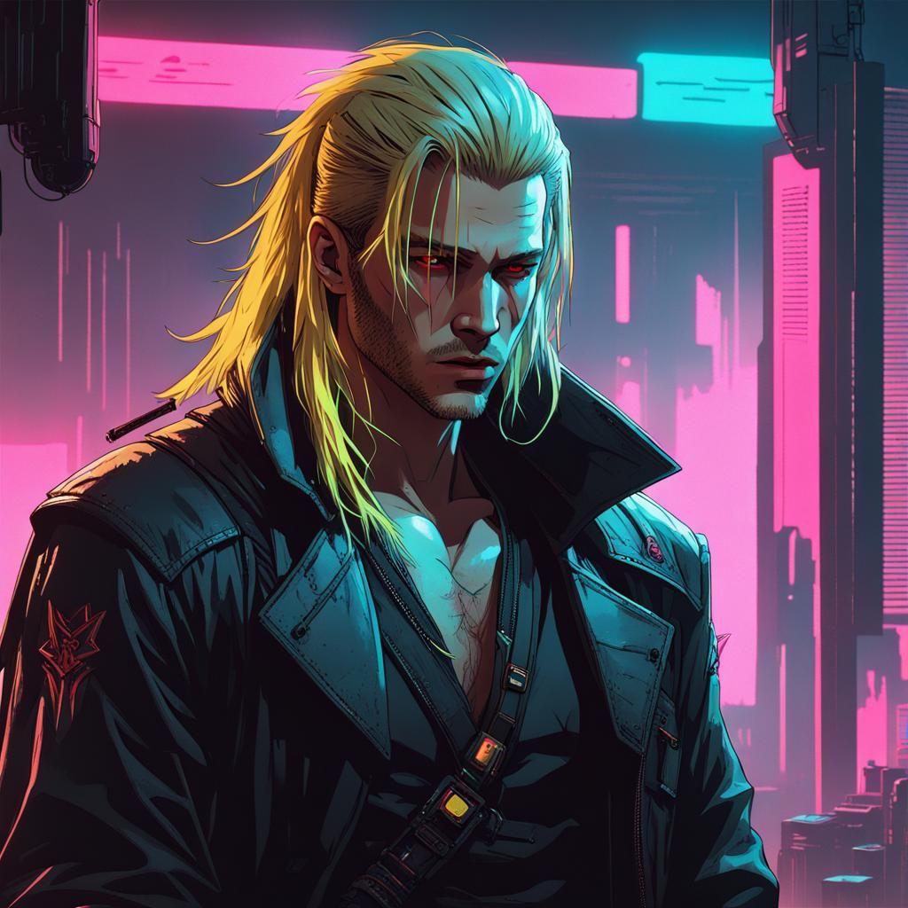 Teenage Vampire with Sword in Cyberpunk Neon