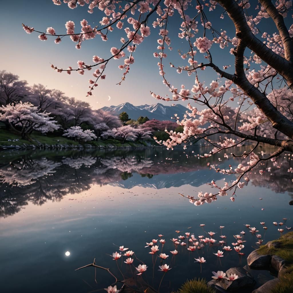 Crescent Moon and Cherry Blossom, Hyper-Realistic Rendering