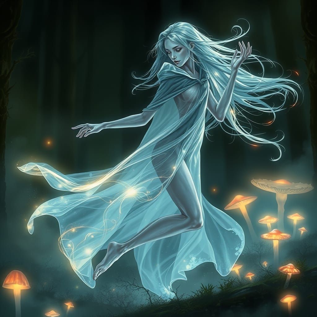 Dreamlike Bioluminescent Dancer in Ethereal Forest