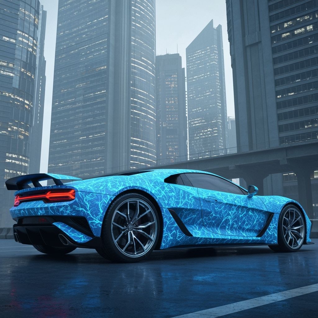 Bioluminescent Vehicle in Futuristic Cityscape