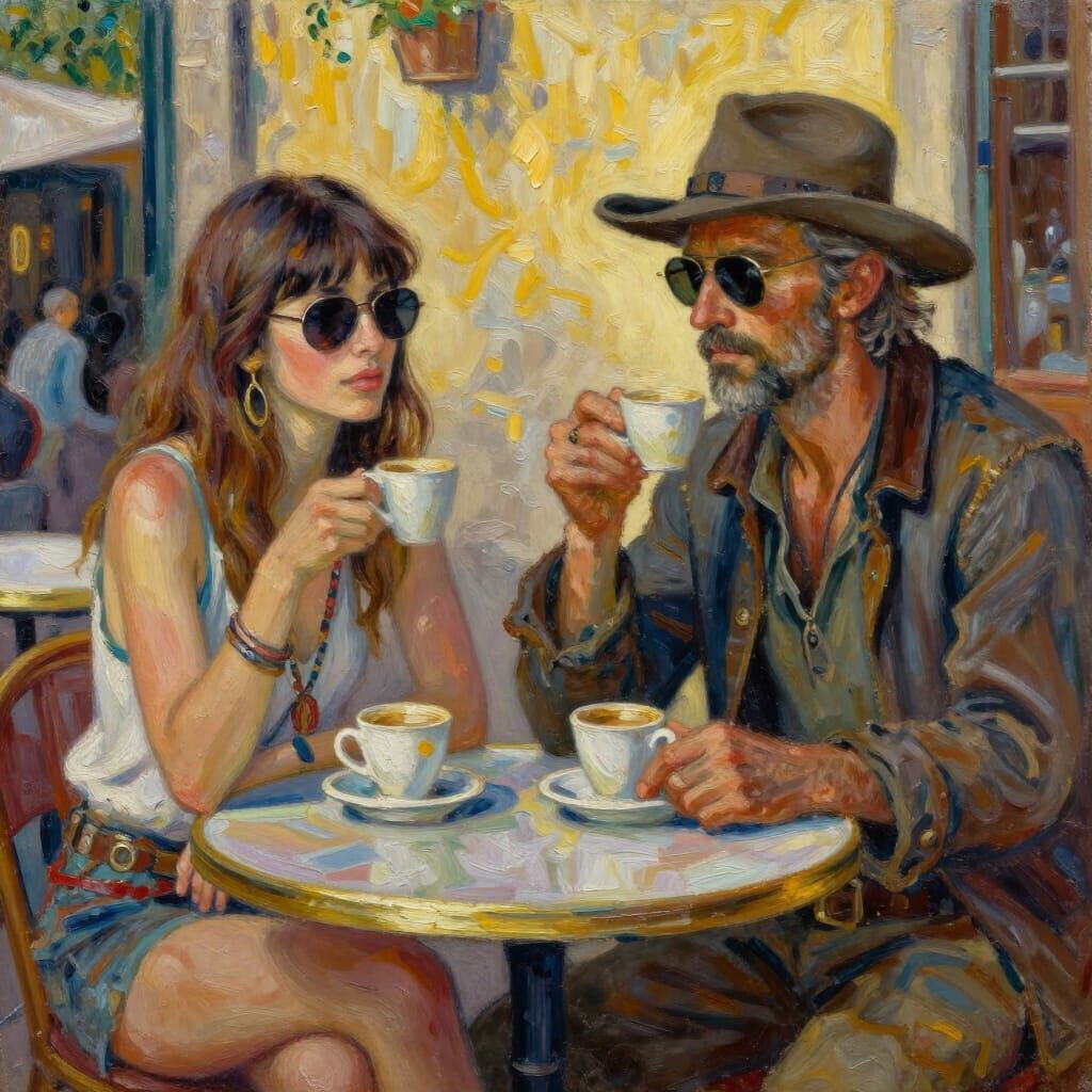 Bohemian Couple in Sun-Drenched Italian Cafe Oil Painting