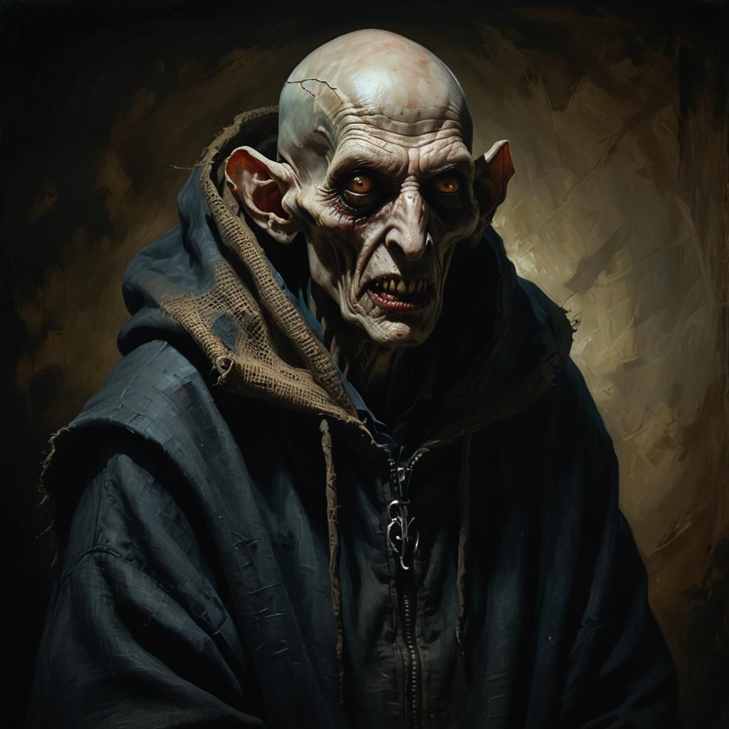 Two-Faced Vampire with Glowing Eyes: Surreal Oil Painting