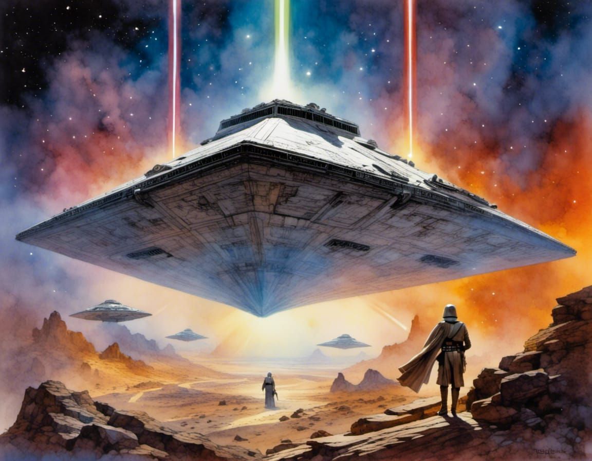 Star Wars Destroyer in Watercolor Sci-Fi Landscape