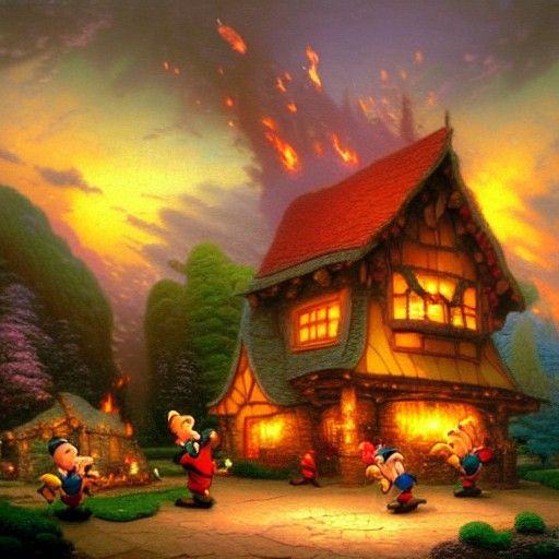 Seven Dwarfs Ablaze: Photorealistic Oil Painting