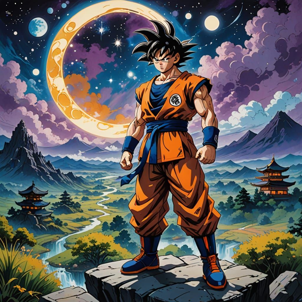 Goku in a Dreamy, Vibrant Night Sky