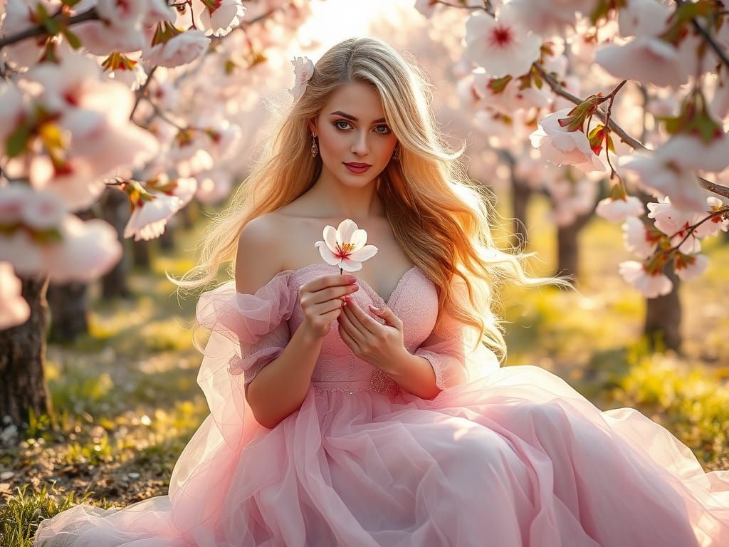 Beautiful Damsel in Cherry Blossom Orchard