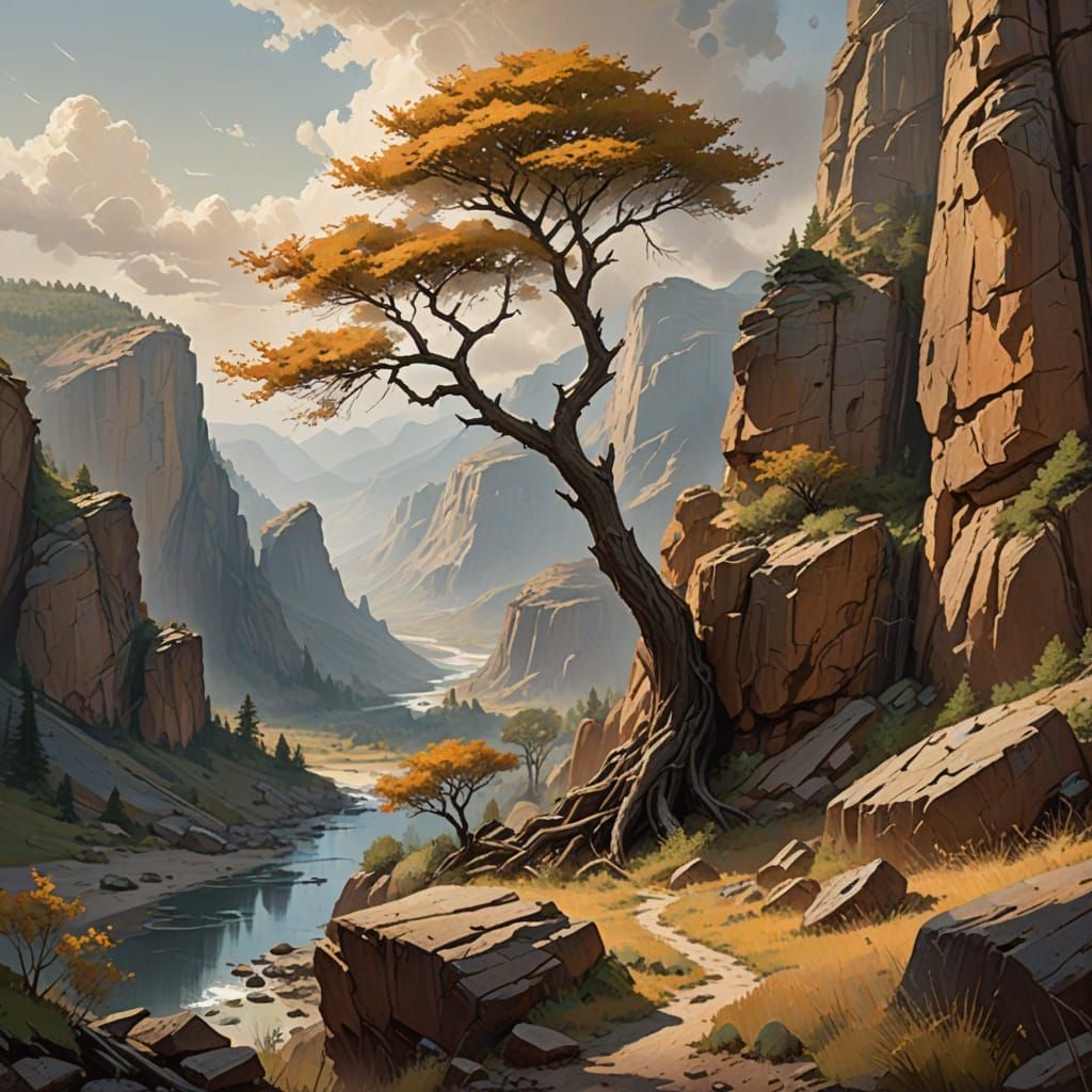Ancient Tree Against Towering Cliffs in Earth Tones