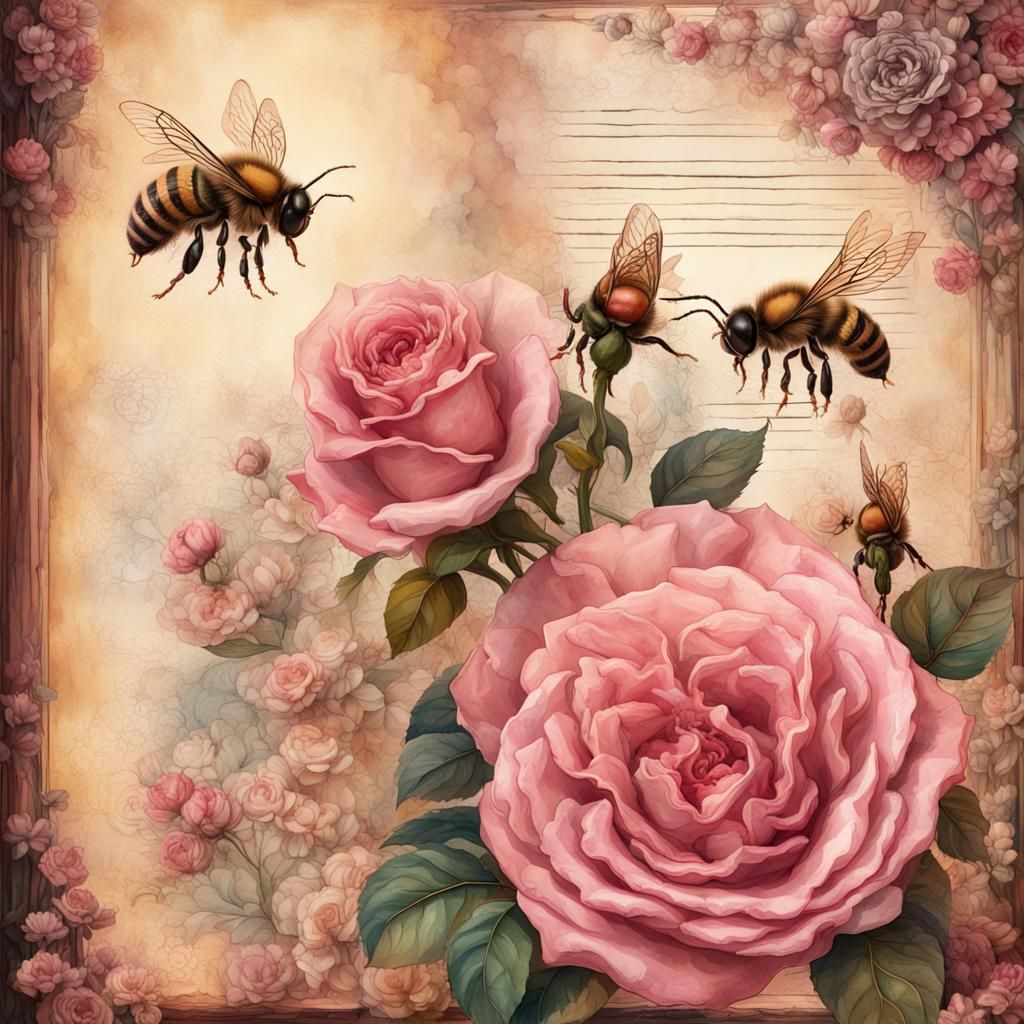 Cosmic Steampunk Roses and Bees Watercolor