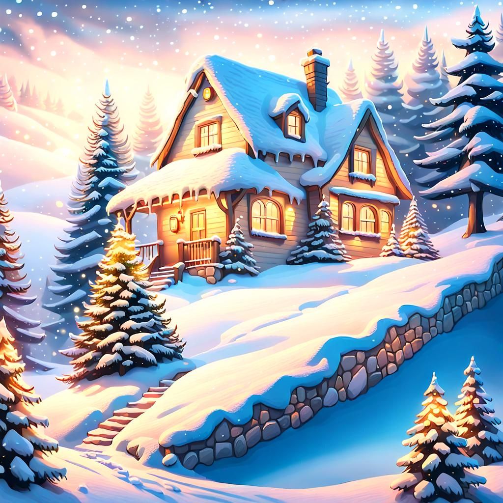 Epic winter scene with lots of Christmas type trees, colorfu...