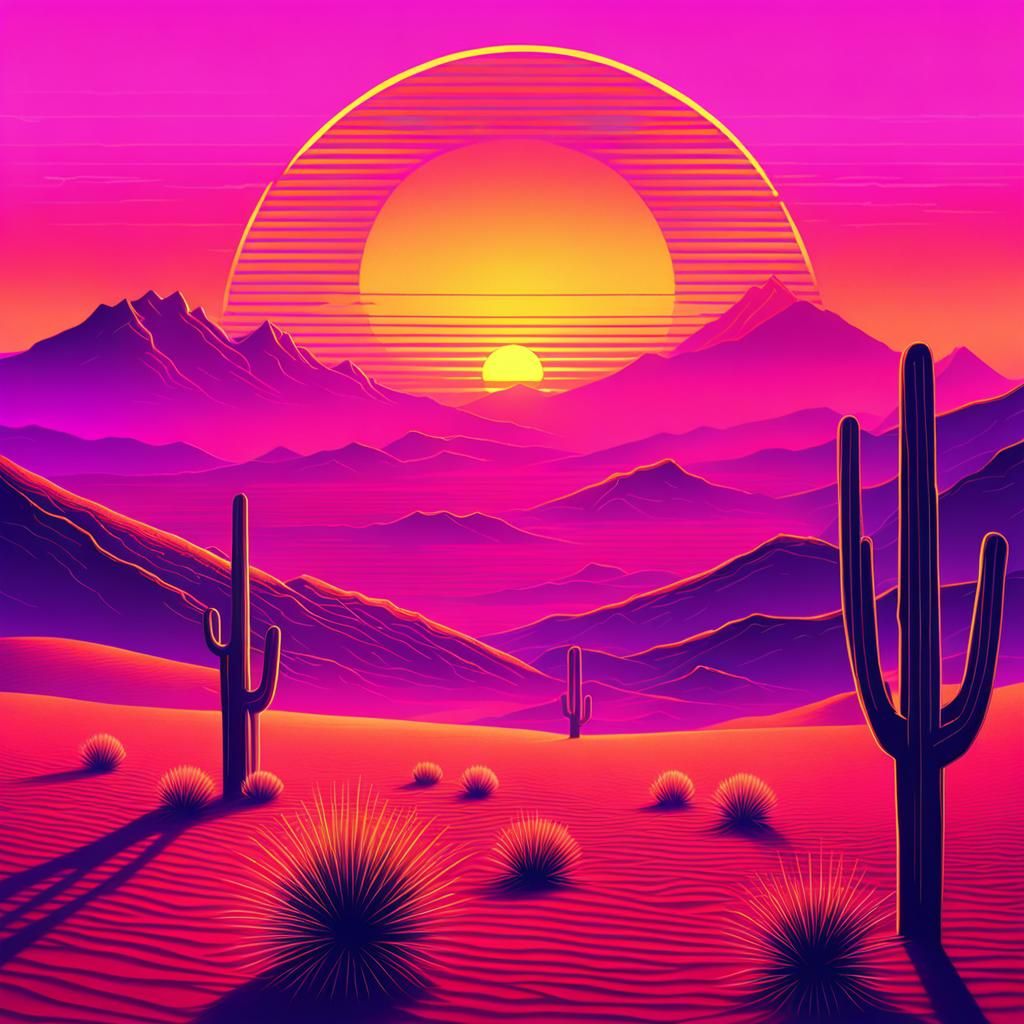 Neon Synthwave Desert Sun Over Mountains