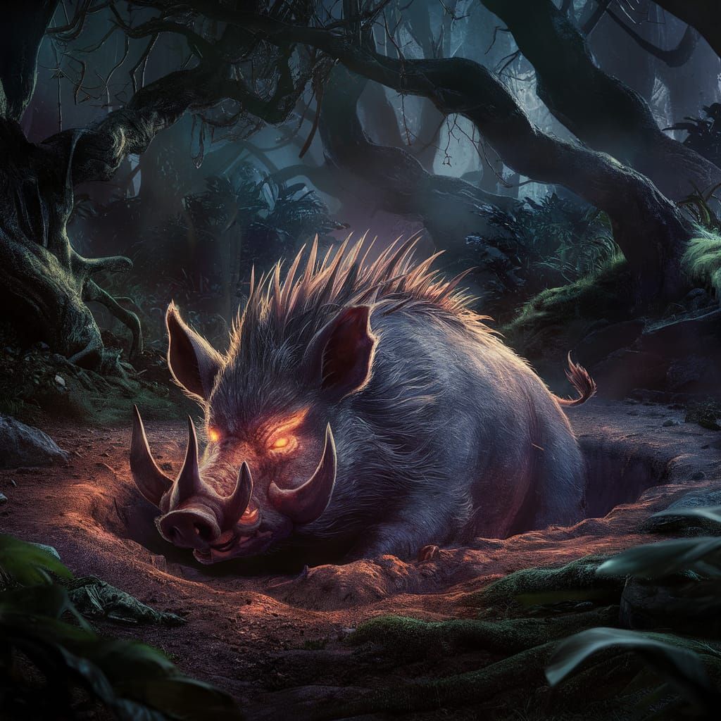 Terrifying Spiked Boar Burrowing in Fantasy Forest