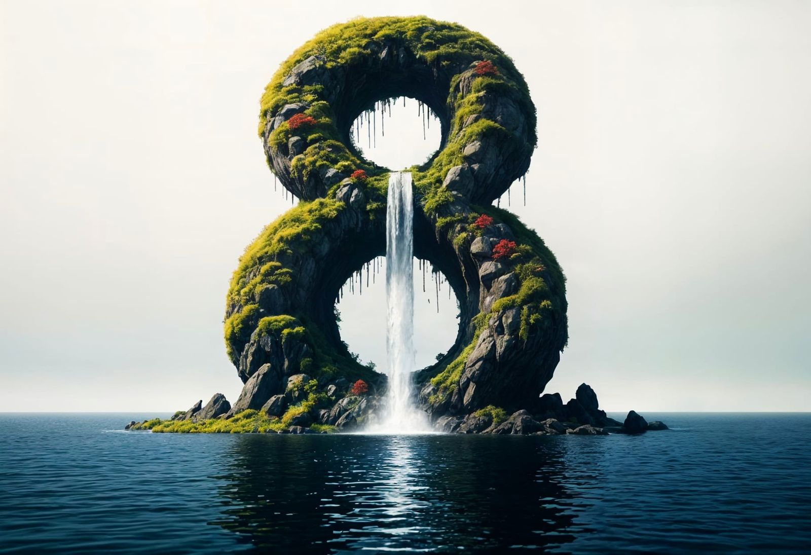 Surreal Waterfall Oasis in a Fantastical Landscape