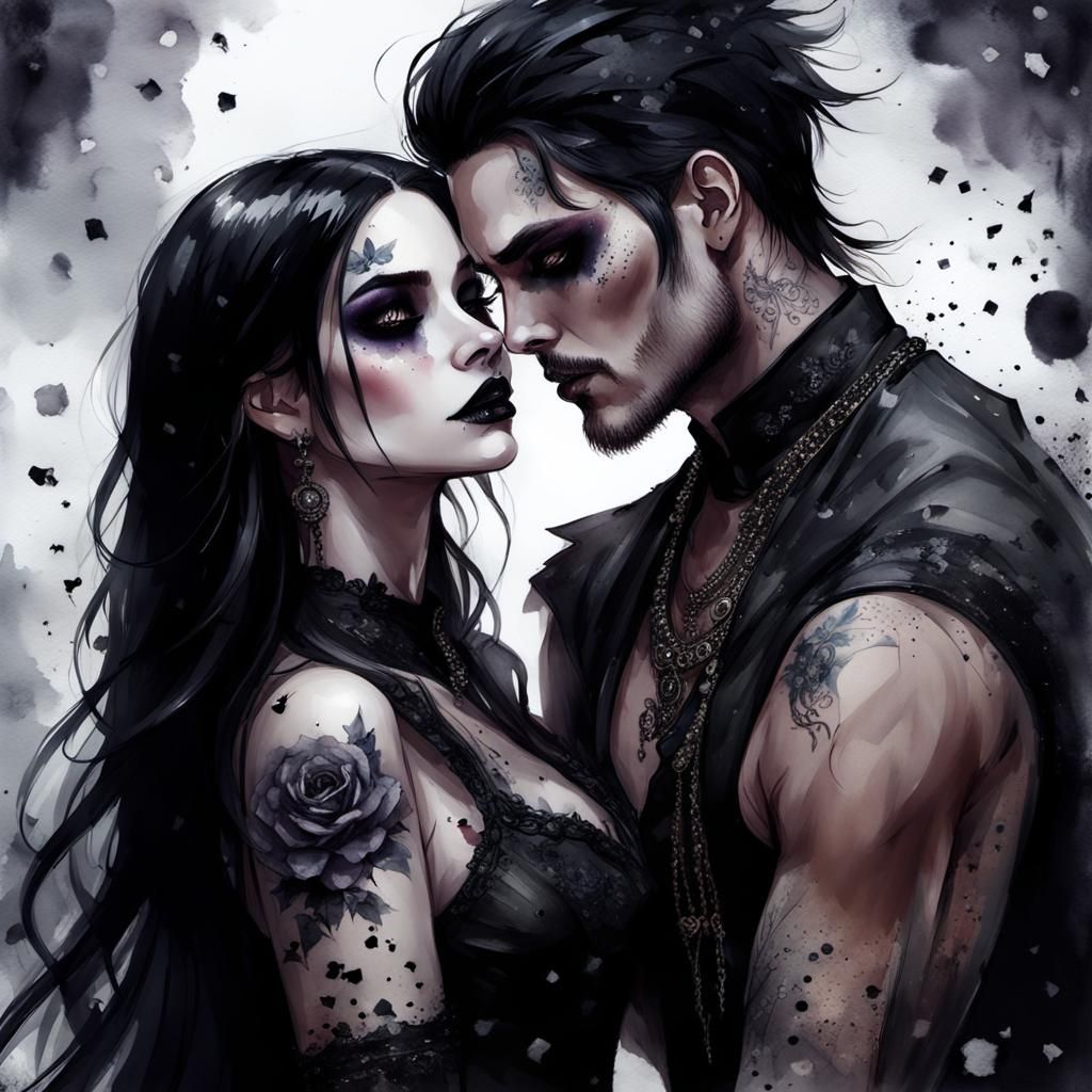 Gothic Couple Dancing at Black Party in Watercolor Style