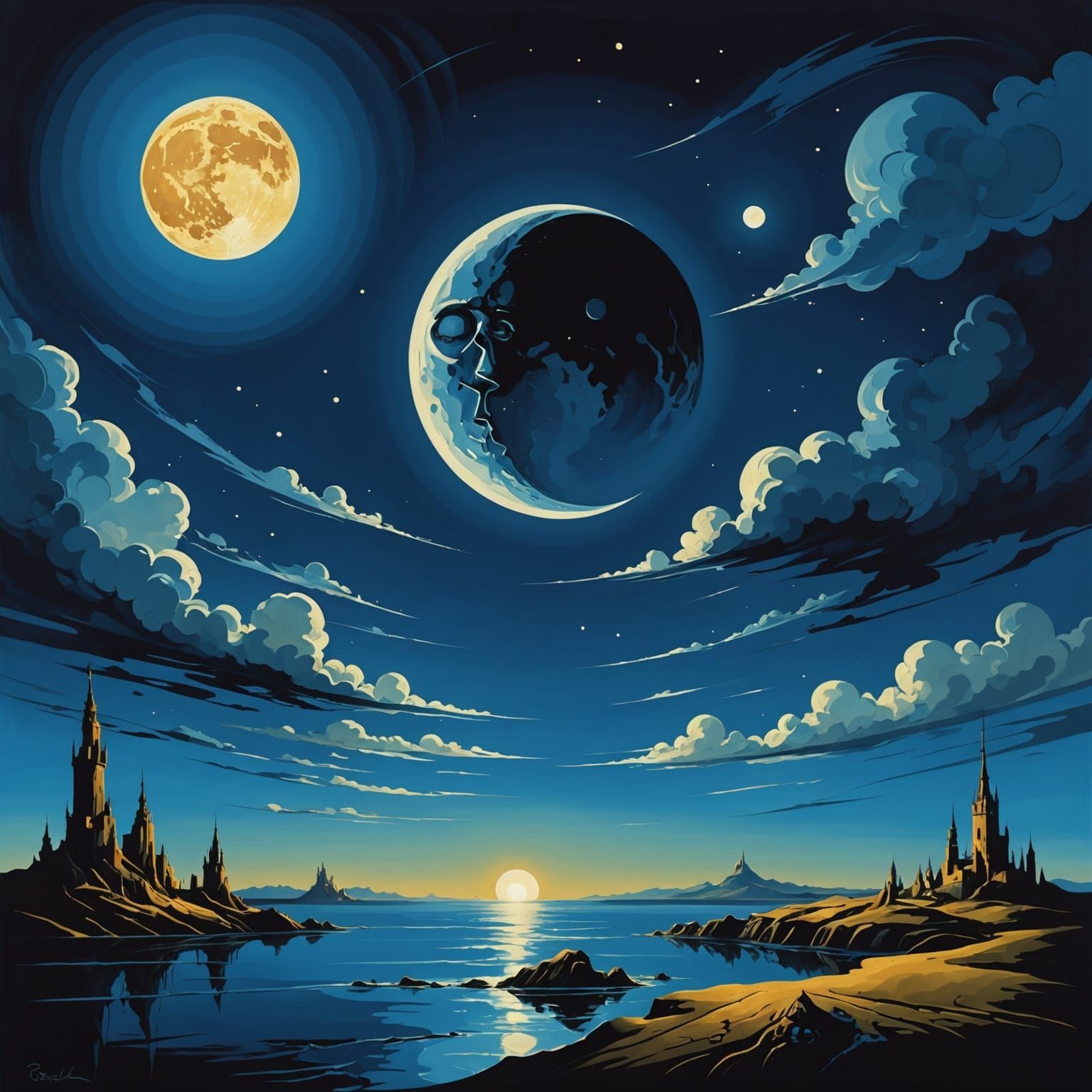 Surreal Moon in Dark Sky, Dali Style