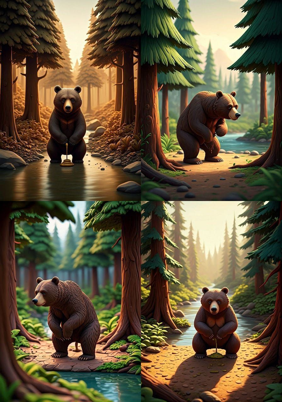 Claymation Bear Pooping in Woods Panorama