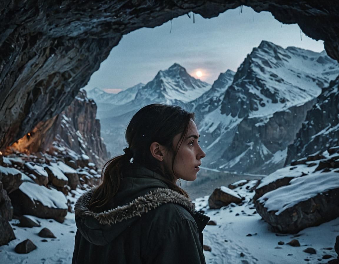 Night Mountain View Through Cave Opening