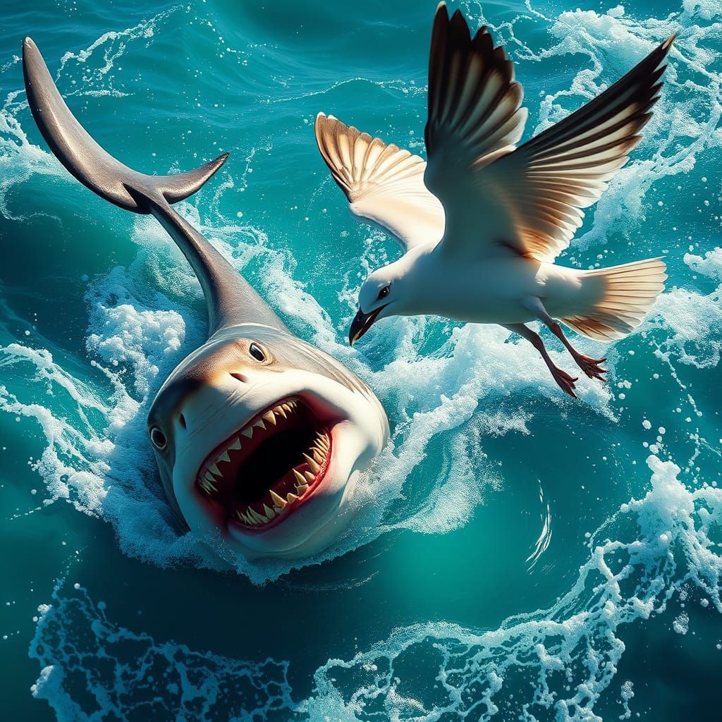 Tiger Shark Battles Seagull at Ocean Surface in Hyper-Realis...