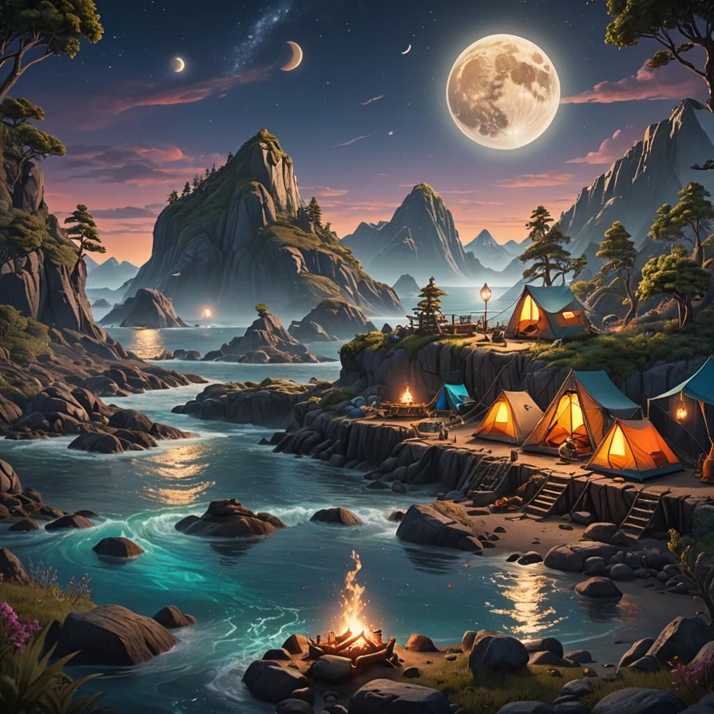 Otter Camping Under Moonlit Ocean: Detailed Matte Painting