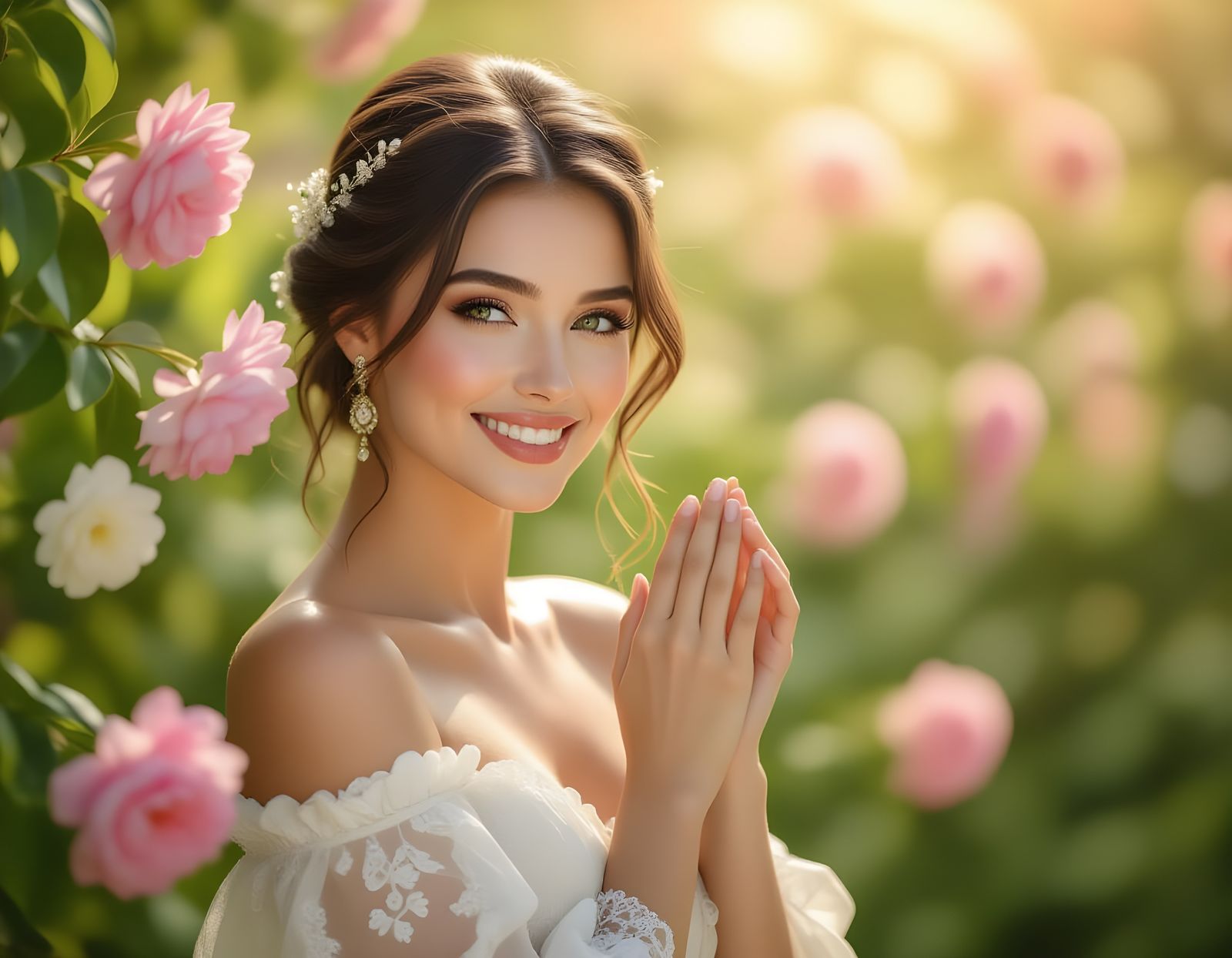 Radiant Woman with Angelic Smile in Blooming Garden