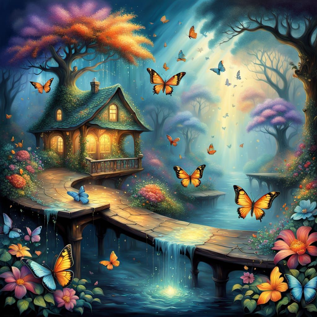 Ethereal Floral Forest Painting with Butterflies