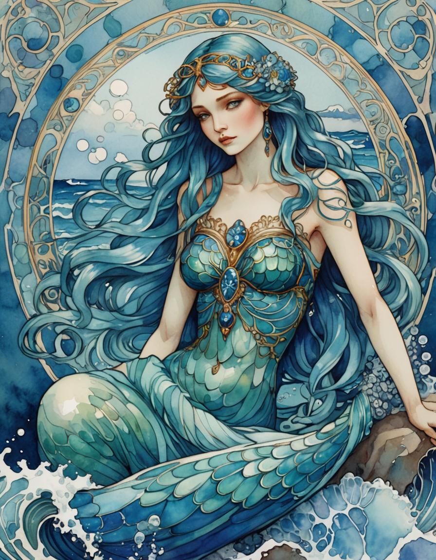 Blue Siren Mermaid in Art Nouveau Style