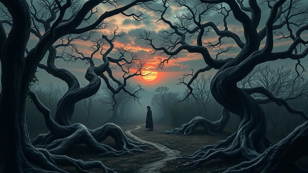 Gothic Twilight: Twisted Forest and Ominous Figure