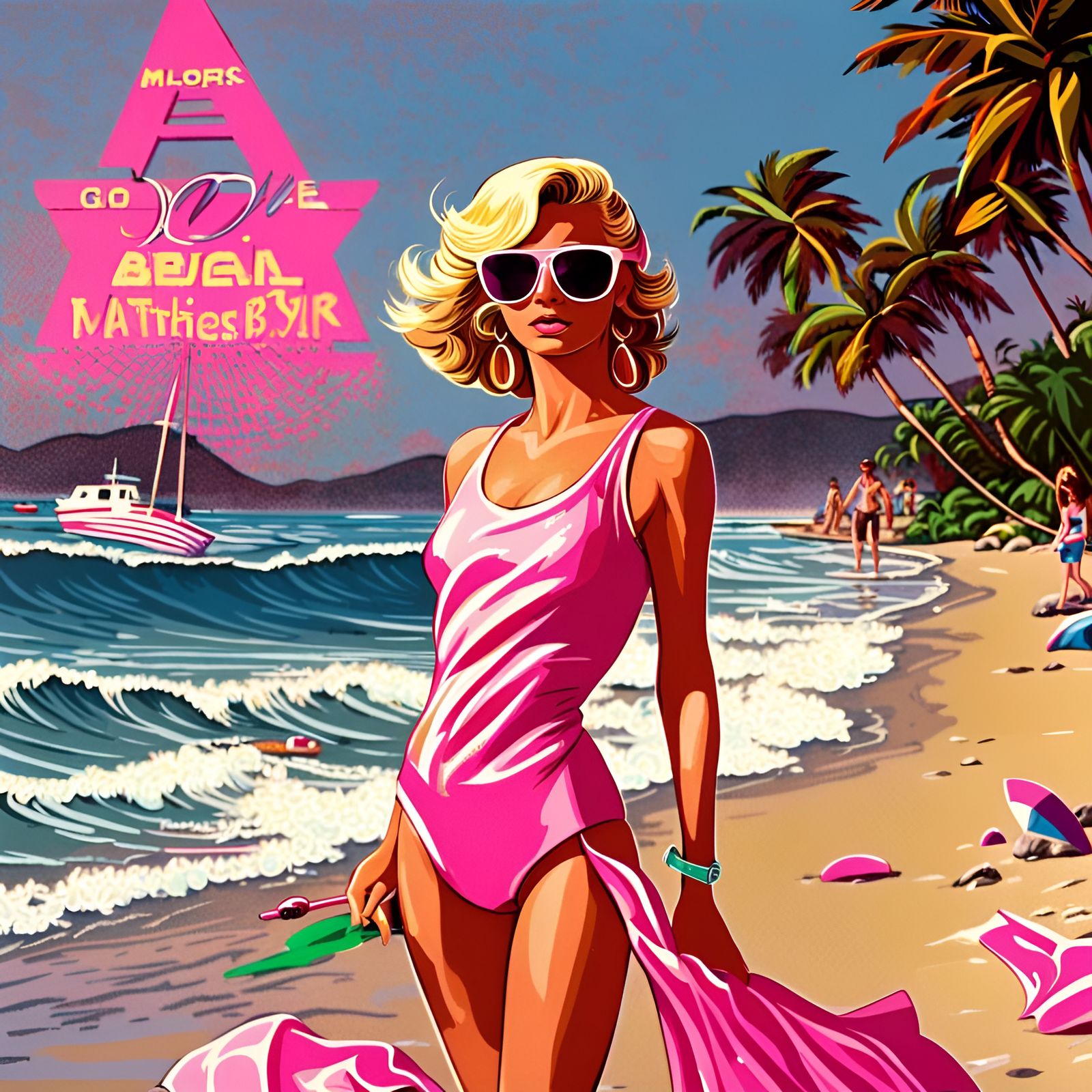 Blonde Barbie Girl on the Beach in 80s Style