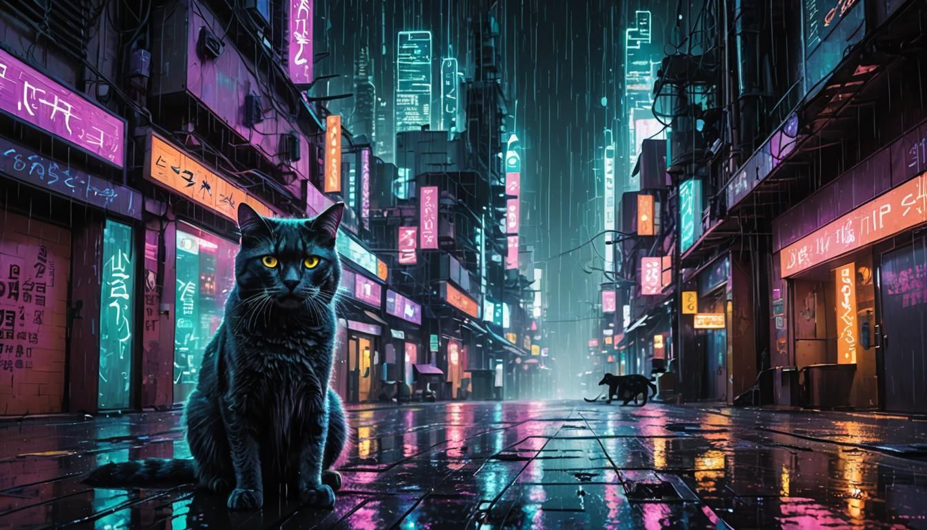 Cyberpunk Cat in Matrix Cityscape with Digital Rain