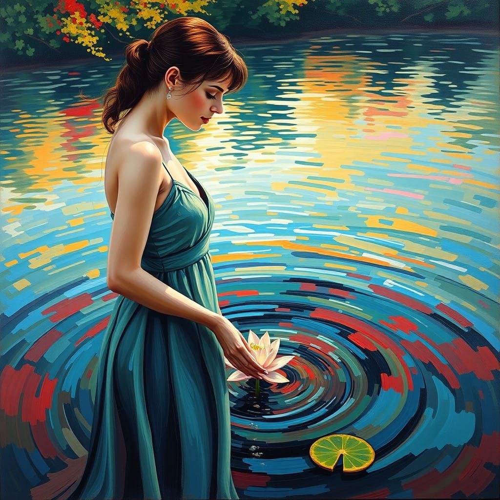 Soothing Neo-Impressionist River Scene with Vibrant Water Li...