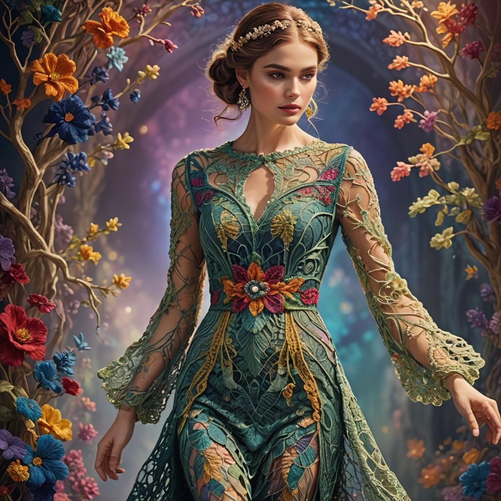 Elegant Model on Catwalk in Irish Lace Crochet Dress