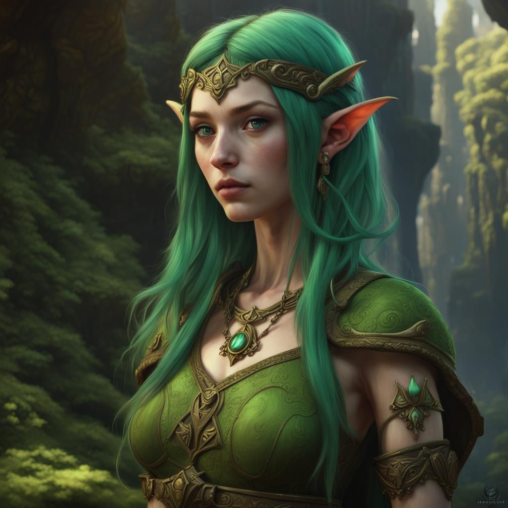 Green-Haired Elf Priestess in a Digital Painting