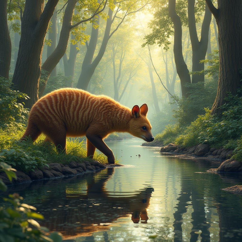 Thylacine in Sunlit Eucalyptus Forest