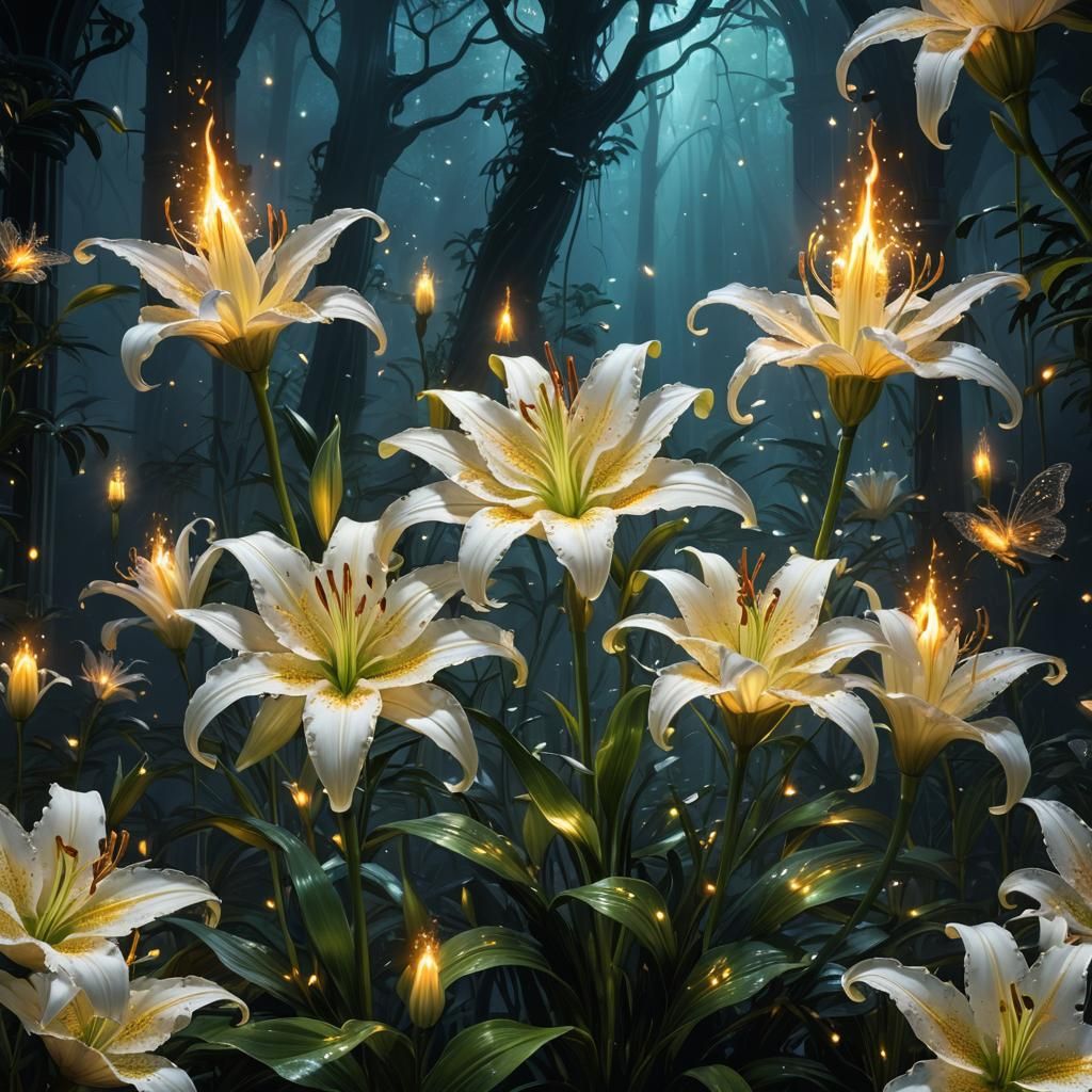 Firefly Lit Lilies in Glass Vase, Graffiti Art