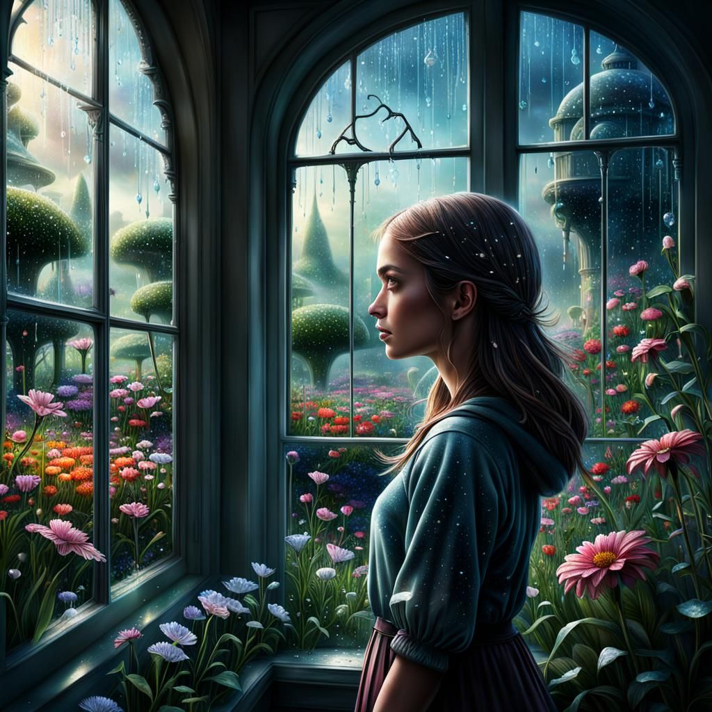Girl Gazing at Flower Garden: Digital Matte Painting