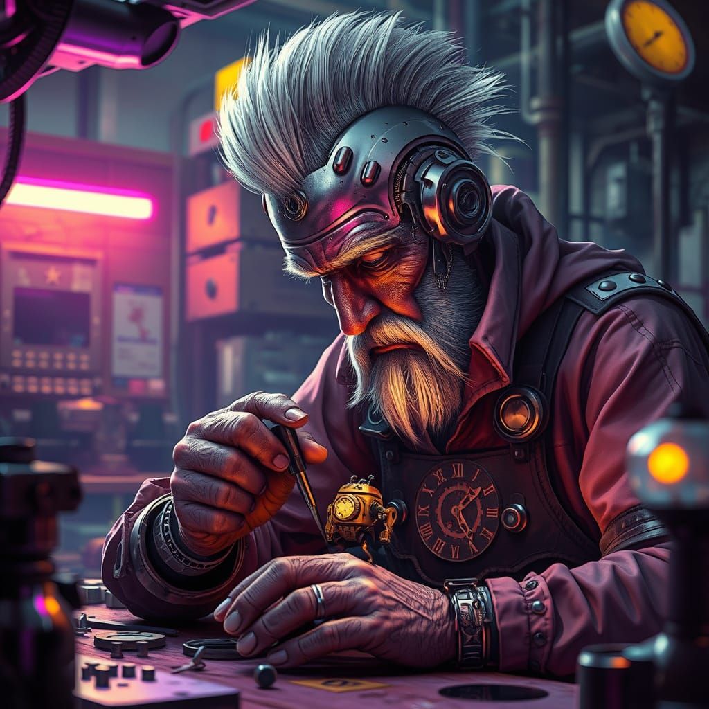 Cyborg Clockmaker Crafts Tiny Robot in Futuristic Workshop