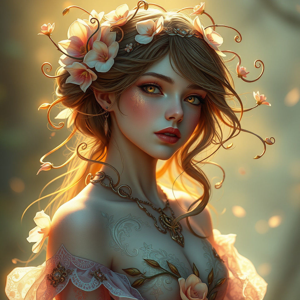 Ethereal Flower Girl Portrait in Art Nouveau Style