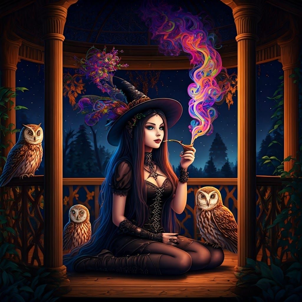 Goth Witch Smoking Psychedelic Herbs with Owls