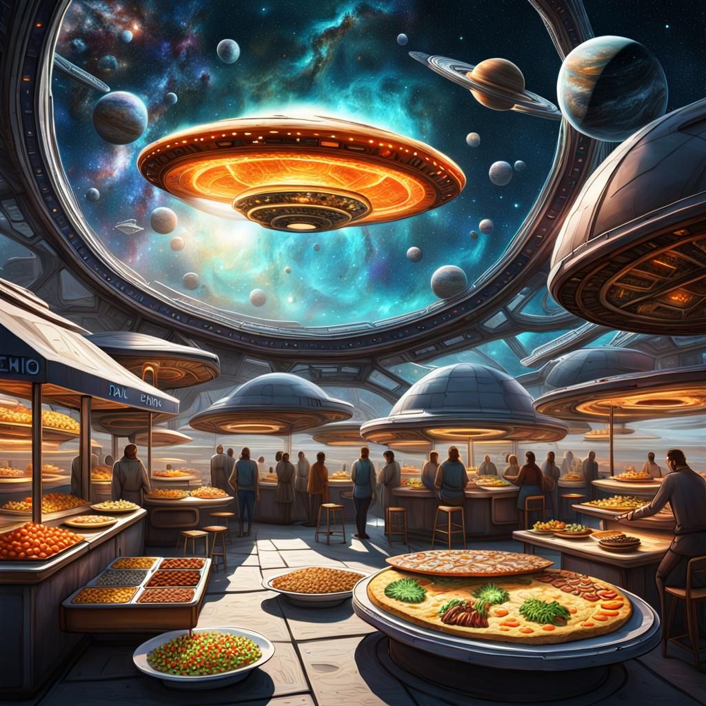 Floating futuristic UFO food stall