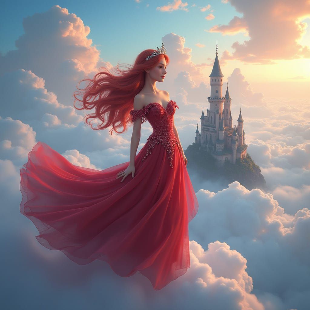 Princess in a Cloud Castle with Tower and Island