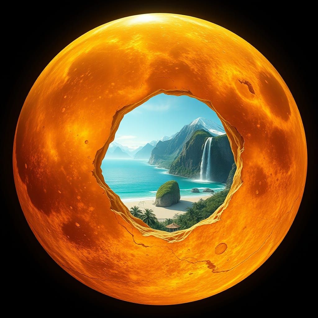 Translucent Amber Moon with Earth Cape: Hyperrealistic Visio...