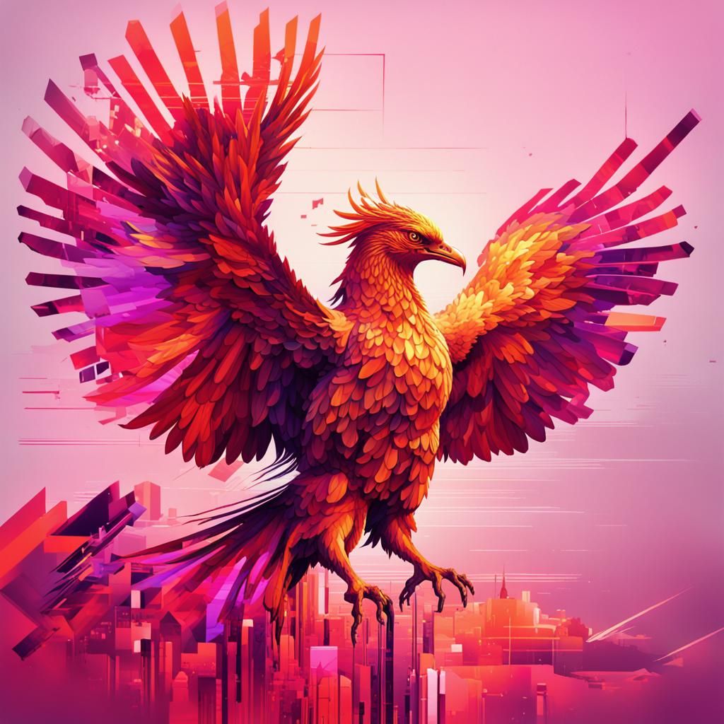 Glitch Art Phoenix in Vibrant Neon Colors